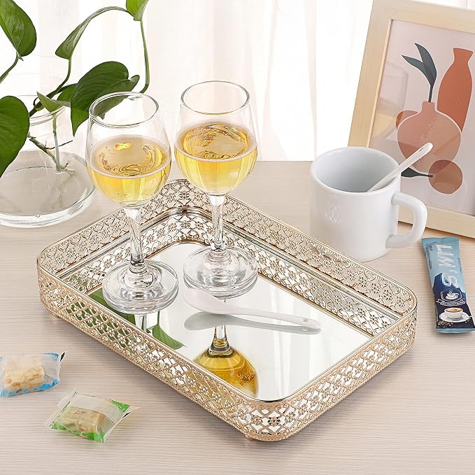 ELLDOO Gold Mirror Glass Perfume & Makeup Vanity Tray, Medium Size