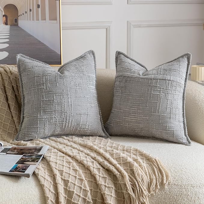 MADIZZ Pack of 2 Chenille Throw Pillow Covers 16x16 Inch Grey Soft Neutral Decorative Throw Pillows for Couch Sofa Boho Accent Cushion Covers Modern Farmhouse Home Decor for Bedroom Living Room