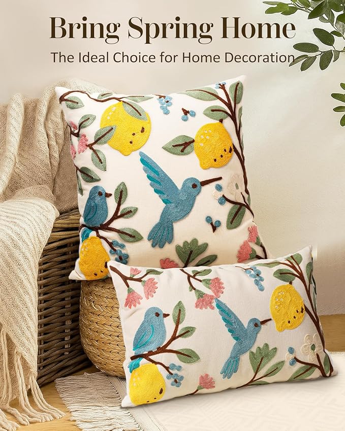 Embroidered Lumbar Pillow Cover 20x12 Inch, Bird Lemon | Decorative Throw Pillow Cover, Farmhouse Cushion Case with Hidden Zipper, Cottagecore Decor for Couch, Sofa, Living Room