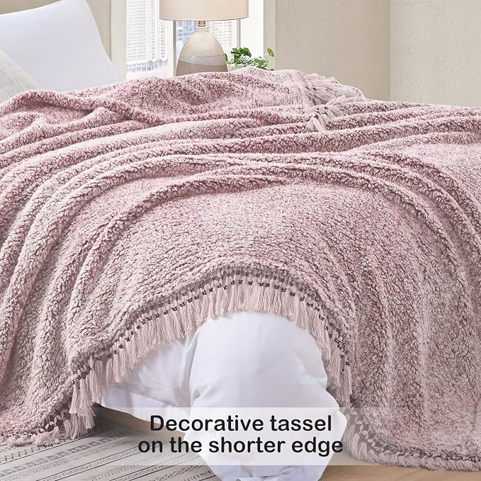 Ultra Soft Fleece Sherpa Blanket King Size,Lightweight Cozy Boho Bed Blanket with Decorative Tassel, Pattern Reversible, 2 Tones Ombre Dusty Pink,104”x90”