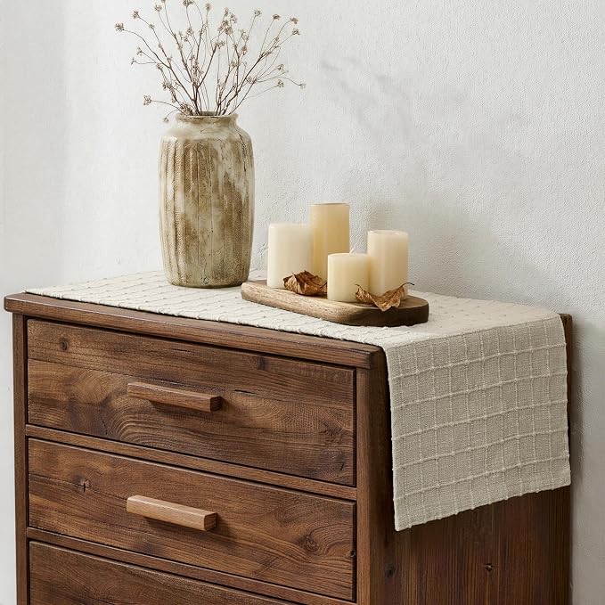 ZeeMart Artisanal Grid Linen Table Runner, 13x60 Inches Neutral Beige | Heavy Textured, Durable Thick Fabric, Farmhouse Handwoven Feel Linen Runner, Easy Care Table Decor for Kitchen Dining Room
