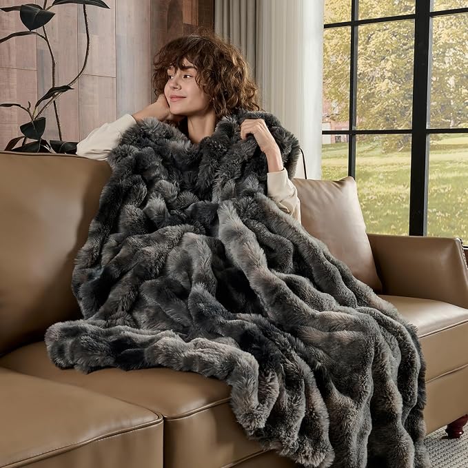 Lotus Karen Faux Fur Throw Blanket Tie-Dye Dark Gray - Big Bubble Rabbit Fluff Blanket for Couch, Small Fluffy Fuzzy Cozy Blanket, Thick Furry Plush Shaggy Blankets, 50x60 Inches
