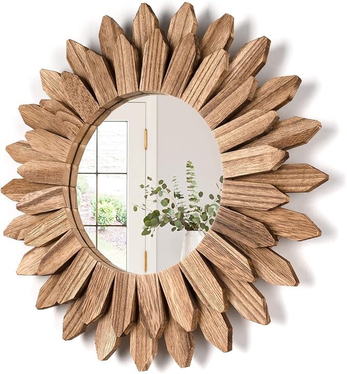 Wall Mirror Decorative 12 inch Rustic Wood Mirror Sunburst Boho Mirror for Entryway Bedroom Living Room Bathroom House Warming Gifts New Home Essential Carbonized Black