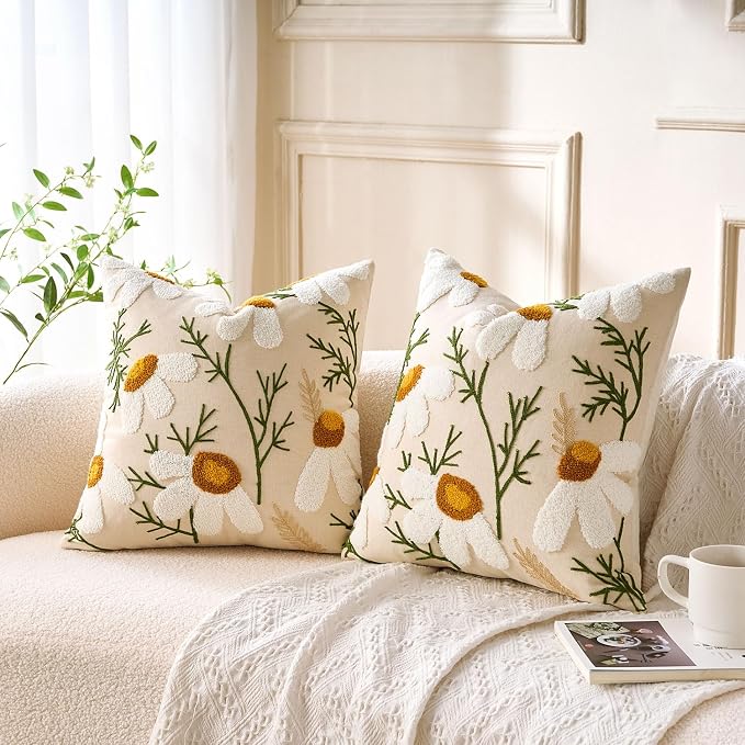 Embroidered Throw Pillow Covers Boho Farmhouse Daisy Tufted Pillow Covers Floral Decorative Couch PillowCases 18x18 Cottagecore Square Cushion Cover Set of 2 for Living Room Couch Sofa Bed Home Decor
