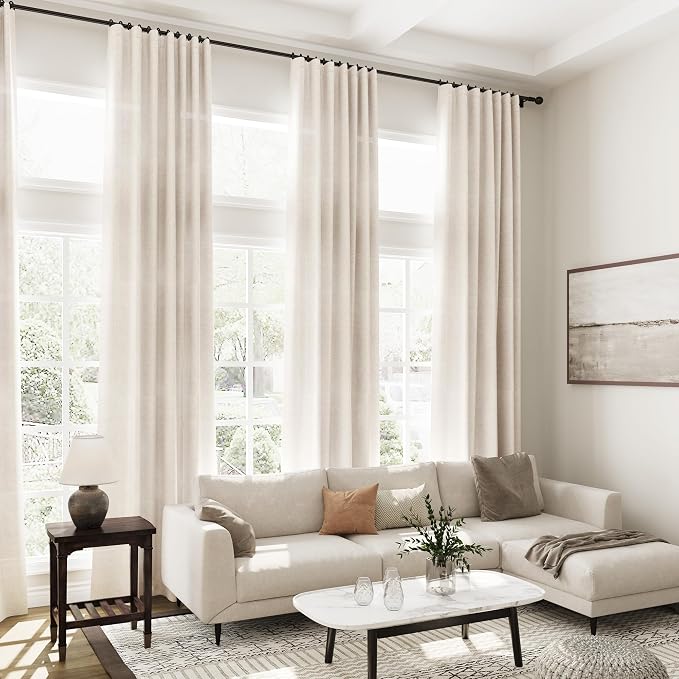 Beige Linen Sheer Curtains 102 Inches 2 Panels Set Back Tab Rod Pocket Extra Long Semi Sheer Light Filter Vintage Curtain Drapes Room Decor Aesthetic Curtains for Living Room High Window 42x102