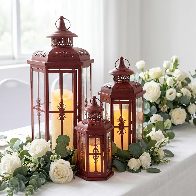 JHY DESIGN Set of 3 Decorative Candle Lanterns 20"&14"&10" H Outdoor Candle Lanterns Vintage Metal Candle Holders for Indoor, Outdoor, Parities, Garden, Porch(Red with Black Brush)