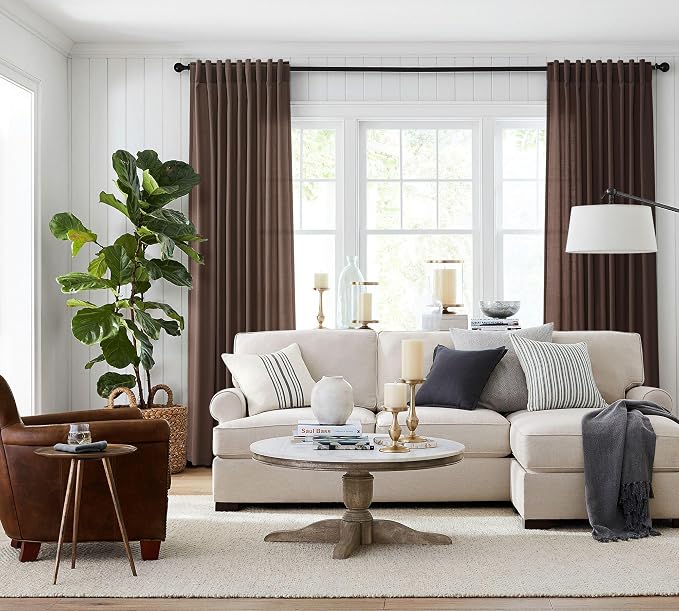 Jowels Coffee Linen Curtains 84 Inch Long 2 Panels for Living Room | Brown Light Filtering Semi Sheer Curtain,Back Tab Pocket Pleated Look,Farmhouse Textured Privacy Drapes for Bedroom Window