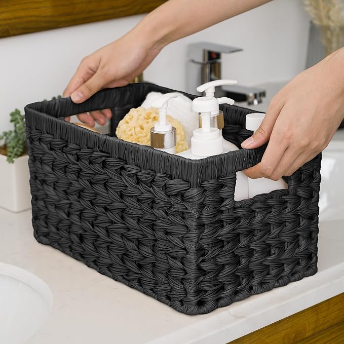 GRANNY SAYS Black Wicker Basket,Decorative Woven Baskets for Storage,2-Pack | Waterproof Plastic Black Baskets for Shelves,Storage Basket Organizer,Wicker Storage Basket for Organizing,Black Woven Basket