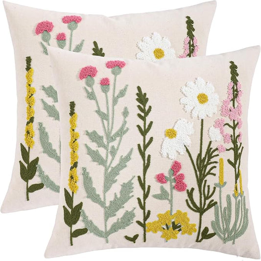 Embroidered Throw Pillow Covers 18x18 Pack of 2 Floral Decorative Pillow Covers Daisy Flowers Tufted Pillowcases Farmhouse Pillow Cushion Cases Square Pillow Case Summer Home Decor