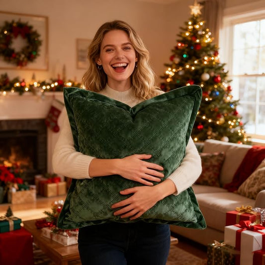 Pillow Cover 24x24 1 Piece Velvet Large Euro Sham with Hidden Zipper Wrinkle Resistant Soft Cross Process Decorative Farmhouse Quilted Cushion Covers for Couch Bed,Green