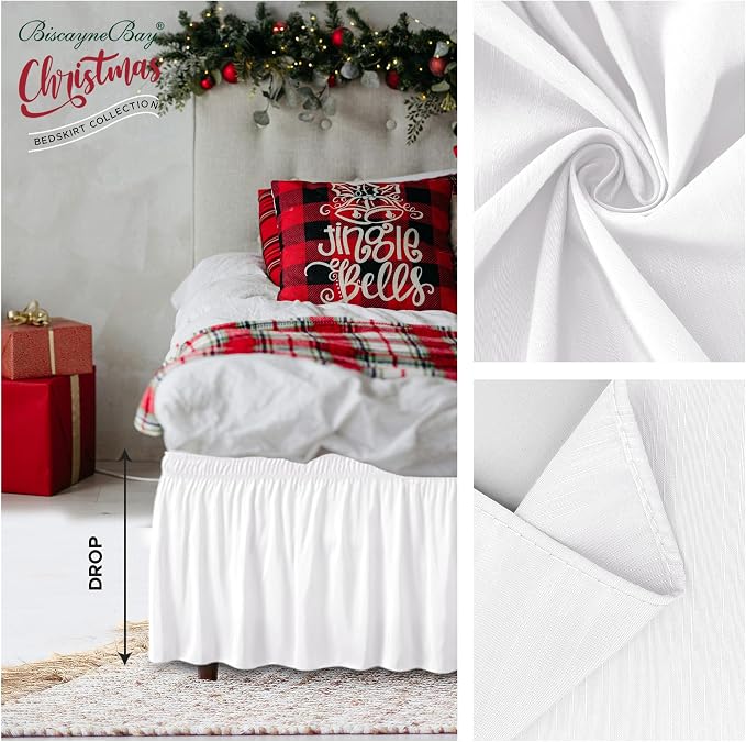 Wrap Around Bed Skirt King Size 9 Inch Drop-Elastic Dust Ruffle White | Adjustable Pleated Bedskirt-Easy Fit Wrinkle Resistant Washable Hotel Quality Fabric Bed Skirting-Master Guest Bedroom Rental