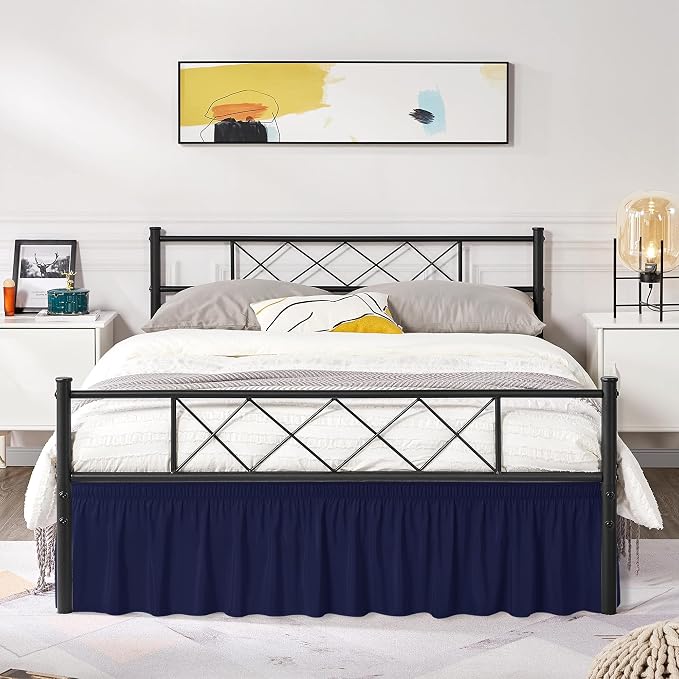 Wrap Around King Size Bed Skirt Split Corner 14" Drop-Elastic Dust Ruffle | Navy Adjustable Pleated Bedskirt-Easy Fit Wrinkle Resistant Washable Fabric Bed Skirting-Master Guest Bedroom Couples Hotels