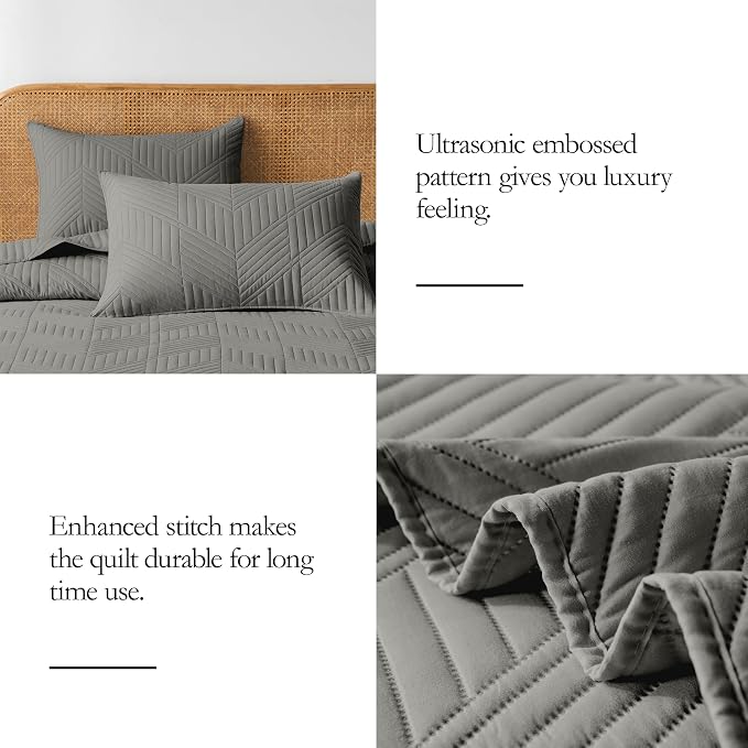 Davulos Twin Quilt Set, Dark Grey Lightweight Reversible Bedspread for All Seasons, Soft Modern Microfiber Geometric Coverlet for Kids or Guest Bedroom (1 Quilt, 1 Pillow Sham)