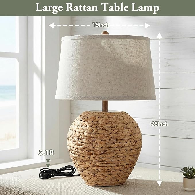 TOBUSA 25’’ Rattan Table Lamp for Living Room, Coastal Boho Wicker Lamp with 3 Color Temperatures, Farmhouse Rustic Seagrass Woven Basket Lamp for Bedroom Nightstand End Table Cottage, Bulb Included