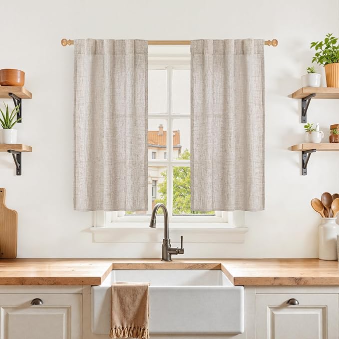 YoungsTex Small Linen Curtains 40 Inch Length, Short Semi Sheer Drapes with Rod Pocket Back Tab Lightweight for Cafe Bathroom Kitchen Window Over Sink, 2 Panels, 24 X 40 Inch