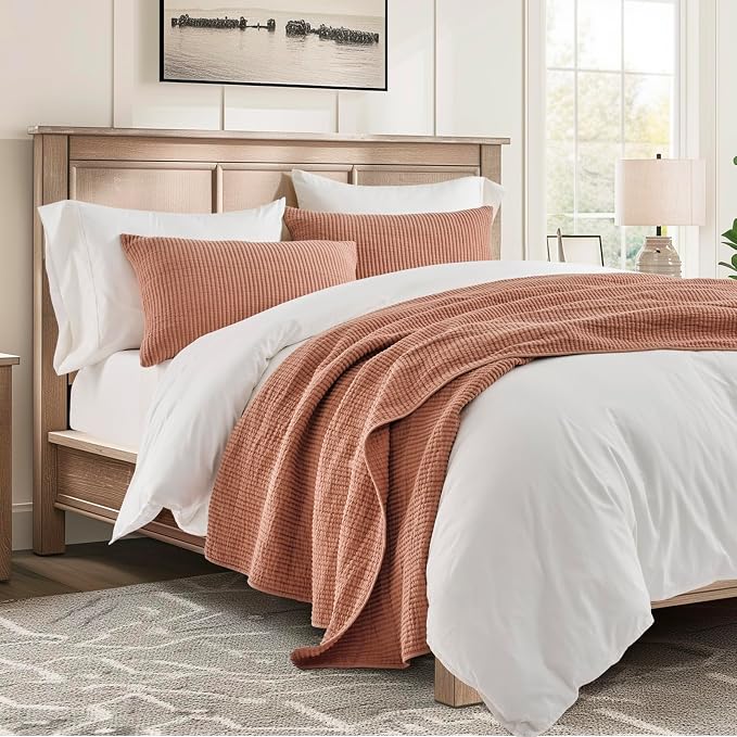 EVERGRACEHOME Cotton Ribbed Matelassé Coverlet Set, King Size, Clay | Soft Lightweight Bedspread, 3 Pieces, Breathable Cozy Oversized Quilted Bedding Set for All Seasons, with 2 Pillow Shams