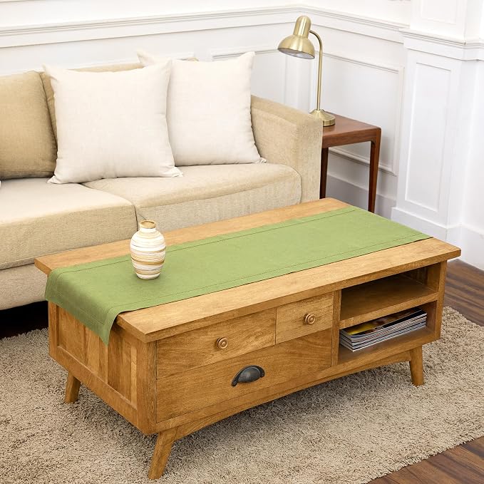 Solino Home 100% Pure Linen Table Runner Moss Green Hemstitch, 14 x 60 in | Classic Hemstitch, dresses up dining tables for everyday meals, hemstitched border, mitered corners, soft, OEKO-TEX Certified