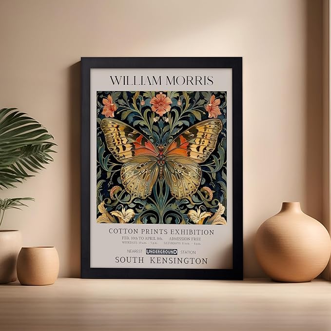 Monem Art William Morris Poster - Butterfly Print - Flower Art - Botanical Poster - Moth Illustration - Floral Creation - Aesthetic Living Room Decor - 16x20 Black Framed