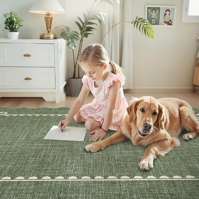 COZYLOOM 6x9 Scalloped Rugs for Dining Room Washable Living Room Area Rug, Non Slip Stain Resistant Modern Bow Carpet Non Shedding Low Pile Soft Bordered Mats for Bedroom, Nursery, Office, Green