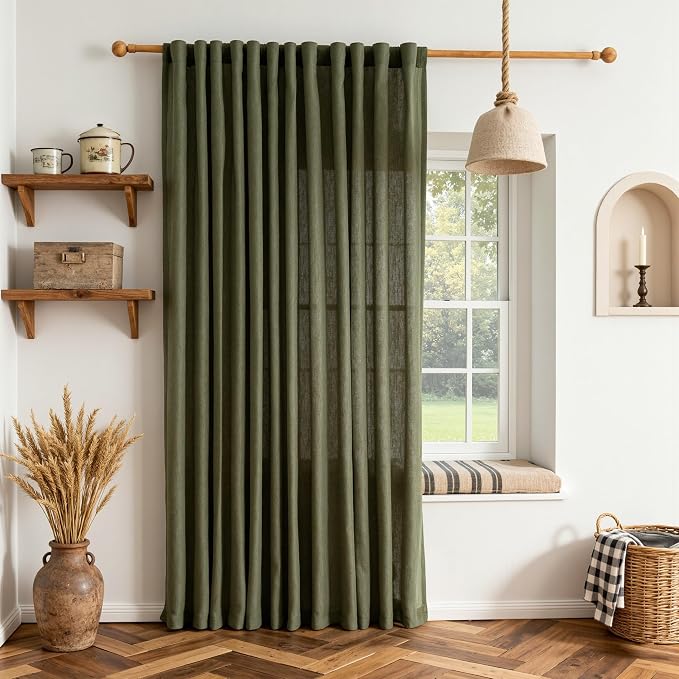 MYSKY HOME Curtains for Living Room 84 Inches Long Semi Sheer Light Filtering Privacy Drapes Linen Look Textured Boho Home Decor, Backdrop Curtain for Parties, 100" x 84", Olive Green, 1 Panel
