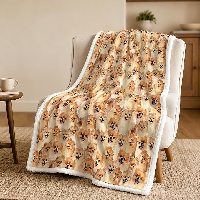 BlessLiving Throw Blanket, Dog Animal Gift, 50x60 in | sherpa fleece fabric, Pomeranian Golden Dense Pet Blankets Puppy print, for couch or sofa, pet lovers, easy machine care