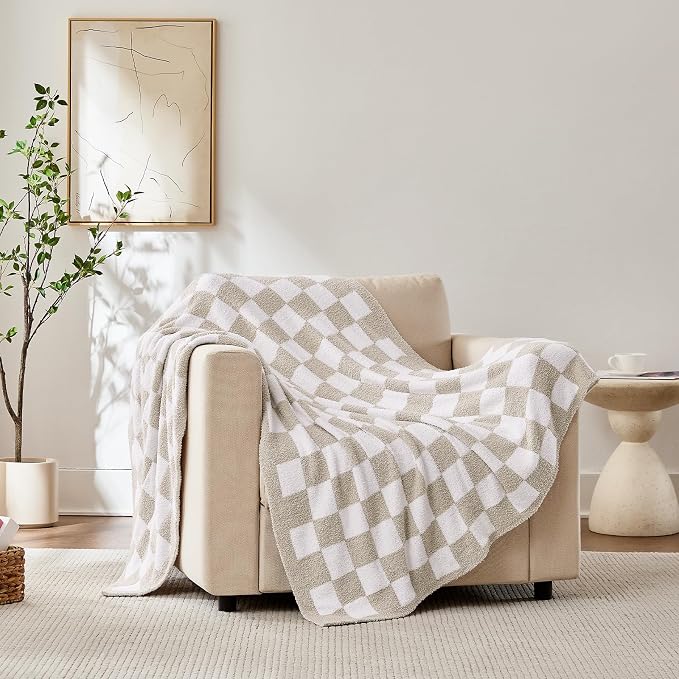 Checkered Throw Blanket for Couch, Soft Cozy Warm Knitted Blankets | Lightweight Fuzzy Travel Warm Decor for Women, Mom, Girls, Sofa, Chair, 60x80in, Taupe