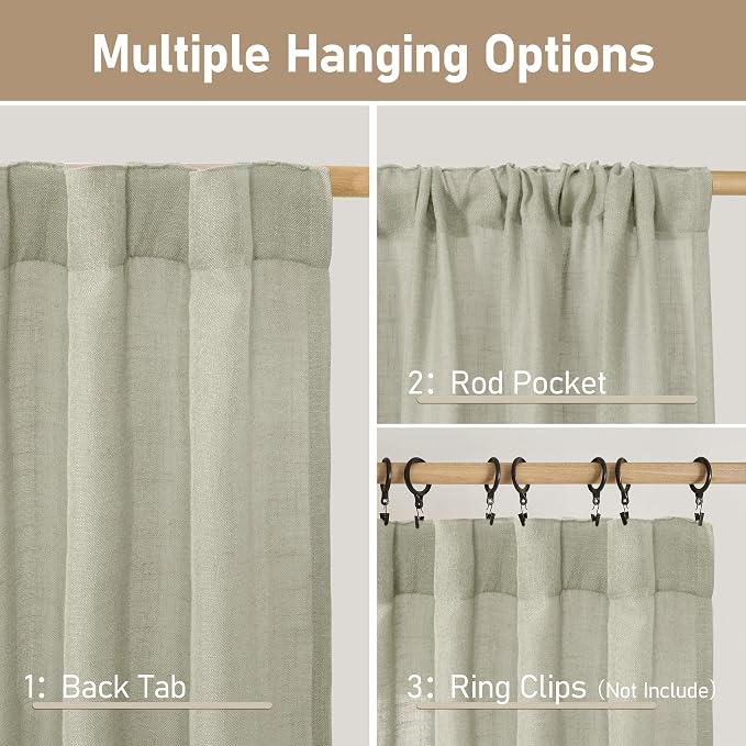 Semi Sheer Linen Curtains 36 Inch Length 2 Panels for Cafe Window | Light Filtering Panels, Neutral Drapes for Bathroom, Kitchen, Loft Room, Rod Pocket Back Tab, Sage Grey, 34 x 36 Inch