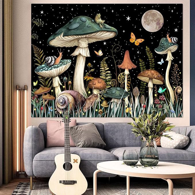 Zussun Green Mushroom Tapestry Moon Star Tapestries for Bedroom Aesthetic Starry Night Plant Tapastrys Wall Hanging Butterfly Snail Frog Wall Tapestry for Living Room Dorm (Dark, 60" x 44")