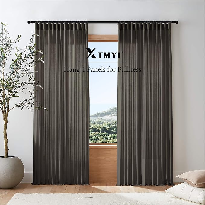 XTMYI Chocolate Brown Curtains 96 Inches Long 2 Panel Set,Sheer Linen Pleated Back Tab Window Drapes Curtains for Living Room 96 Inch Length,Dark Brown