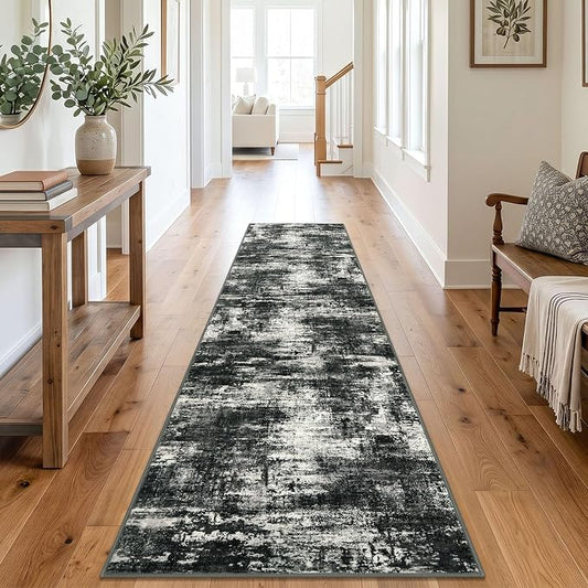 Lansny Abstract Washable 2x10 Runner Rug Runners for Hallways Non Slip | Charcoal Black;Thin Printed Faux Wool Entryway Runner Indoor;Hallway Runner Rug;10ft Floor Carpet Runners;Bedroom Runners