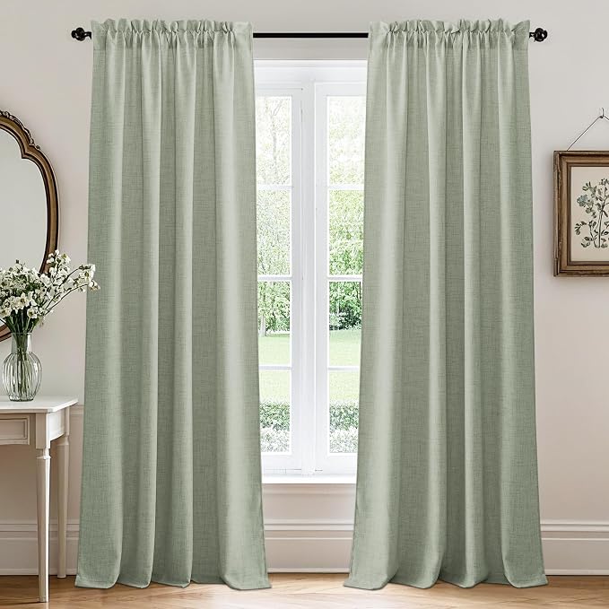 RYB HOME Linen Textured Semi Sheer Curtains 63 inches Long for Living Room | Half Privacy, Light Filtering, Faux Linen Blend, Office Nursery Laundry Dorm Bathroom, Sage, W52 x L63, 2 Panels Set