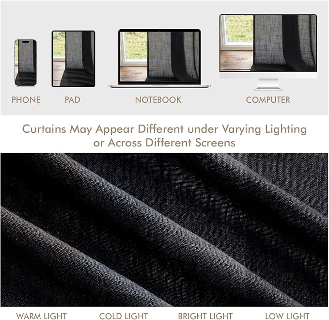 MIULEE Black Back Tab Linen Curtains 4 Panels 42W x 102L | Linen material, light filtering, rod pocket back tab hanging, farmhouse decor for living room bedroom