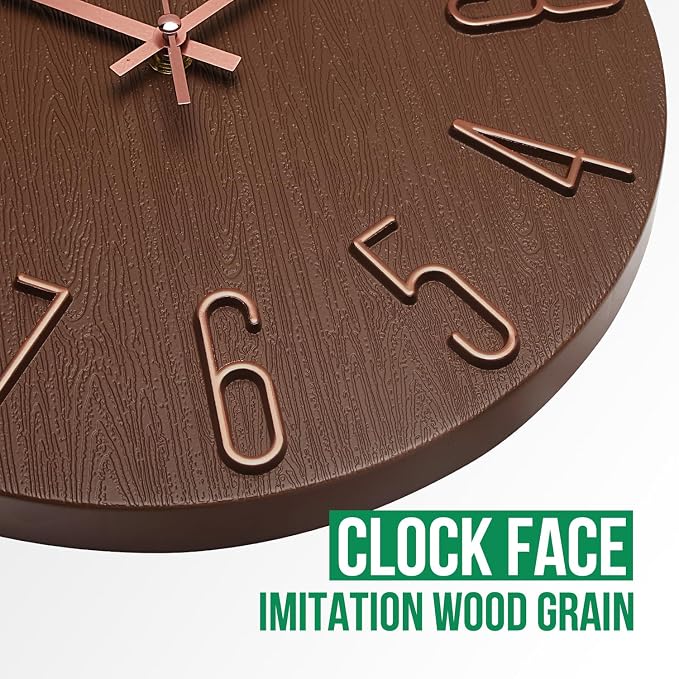 Wall Clock 12 Inch Silent Non-Ticking Imitation Wood Indoor Clock Round Brown Decor Clock Modern 3D Figures Quartz Wall Clocks for Home, Hotel, Office, School
