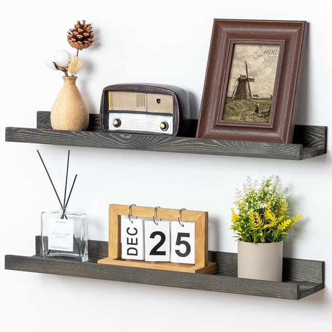 FLYJOE 24 Inches Floating Shelves for Wall, Solid Pine Wood Picture Ledge Shelves, Wall Shelves with Lips, Nursery Book Shelves for Toys Storage Living Room Bedroom Photo Frames (2 Pcs, Grey)