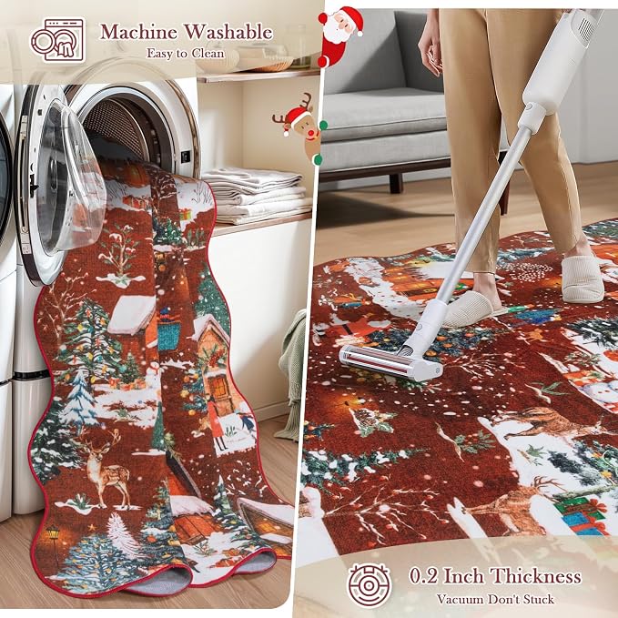 Wonnitar Christmas 2x3 Entryway Rug, Non Slip Washable Small Kitchen Rugs, Soft Christmas Winter Reindeer Door Mat Indoor Entrance, Scalloped Area Rug for Bathroom Bedside Holiday Decor (Red,2'x3')