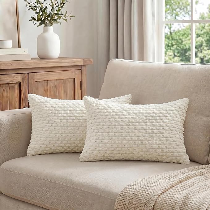 Fancy Homi 2 Packs Cream Long Lumbar Decorative Throw Pillow Covers 12x24 Inch for Couch Bed Sofa, Modern Farmhouse Boho Home Decor, Soft Cute Plush Corduroy Rectangle Cushion Case 30x60 CM