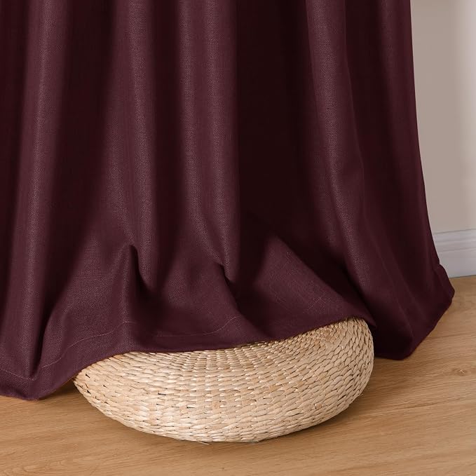Burgundy Linen Curtains 102 Inches Long 2 Panel Set Rod Pocket Semi Sheer Dining Room Cozy Bedroom Decor Cotton Look Country Rustic Farmhouse Boho Curtains 52x102