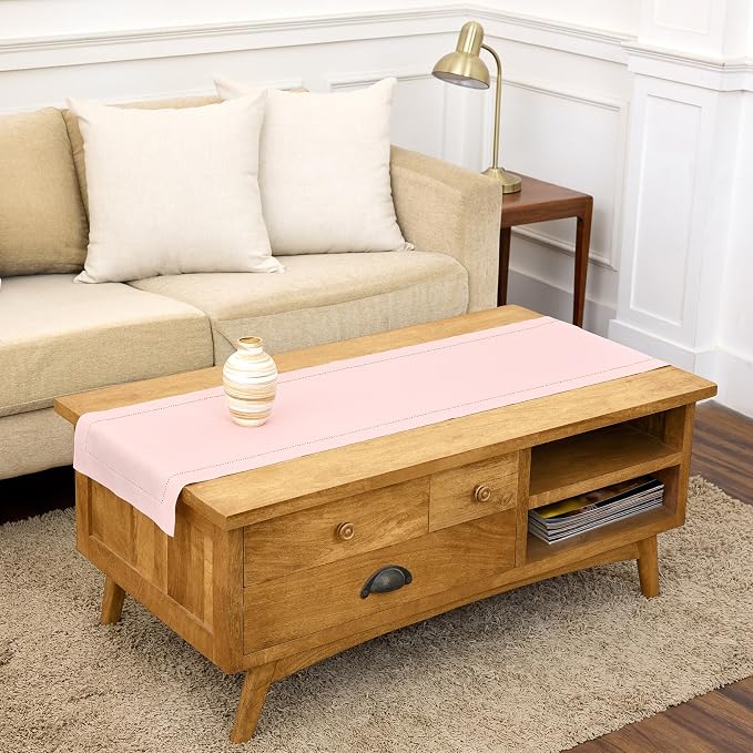 Solino Home 100% Pure Linen Table Runner Pink, Classic Hemstitch 14 x 60 in | dresses up dining tables for everyday meals, hemstitched border, mitered corners, machine washable, soft, OEKO-TEX Certified