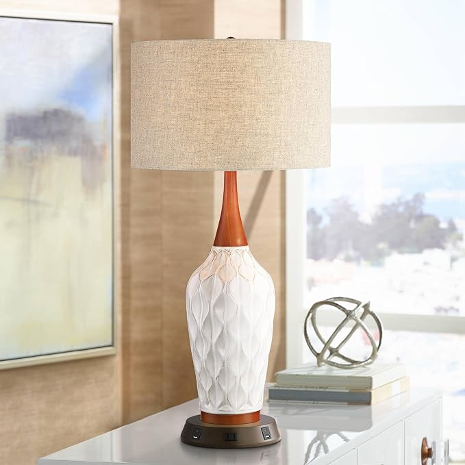 Rocco 30" Large Table Lamp White Ceramic USB Workstation Base Oak Wood