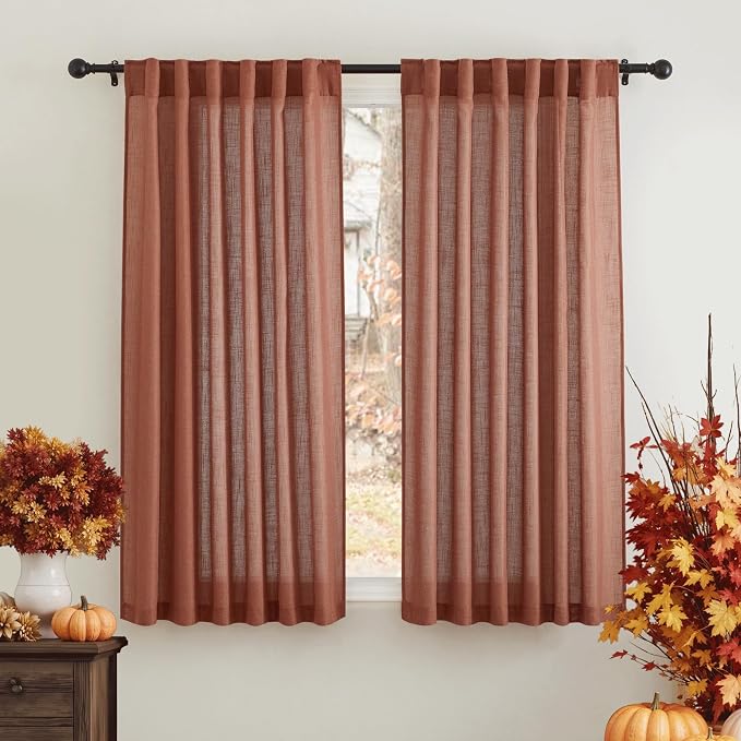 RYB HOME Linen Semi Sheer Curtains 63 inch Length for Living Room Office | Light Filtering,Glare Reducing,Privacy Protection,Breathable,Study Room Nursery,Back Tab,W52 x L63,Terracotta,2 Panels