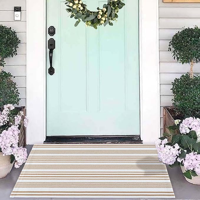 Khaki and White Striped Outdoor Rug 24'' x 35'' Door Mat Outdoor Machine Washable Welcome Mats Cotton Hand-Woven Entryway Rug for Front Porch/Entryway/Laundry/Bathroom/Bedroom