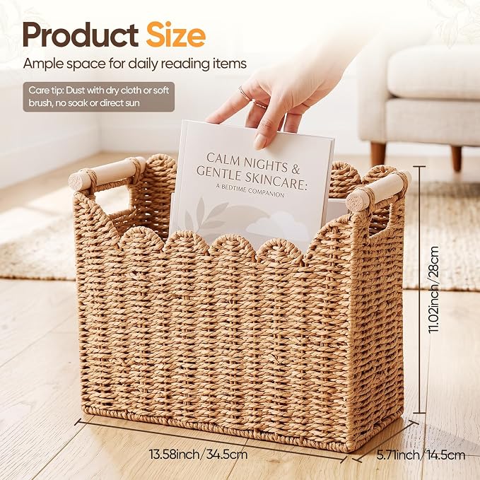 Handwoven Magazine Holder, Scalloped Edge Magazine Basket | Natural Paper Rope,Inner Iron Frame with Solid Wood Handles,For Books Newspapers Files, Office Living Room