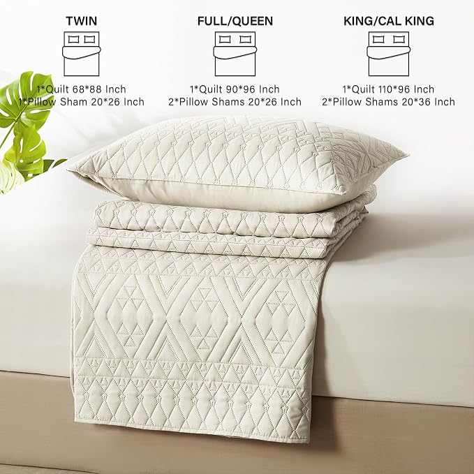 akkialla Twin Quilt Set, Boho Style in a Solid Color, Cream Lightweight Microfiber Bedspread, Soft and Breathable Coverlet for All Seasons, 2-Piece Bedding Set (1 Quilt, 1 Pillow Sham)