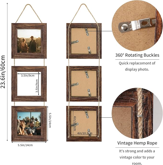 4x4 Collage Picture Frames Set of 2, Rustic Wooden Real Glass Vertical Hanging 3 Opening 4 by 4 Photo Frame, Distressed Brown