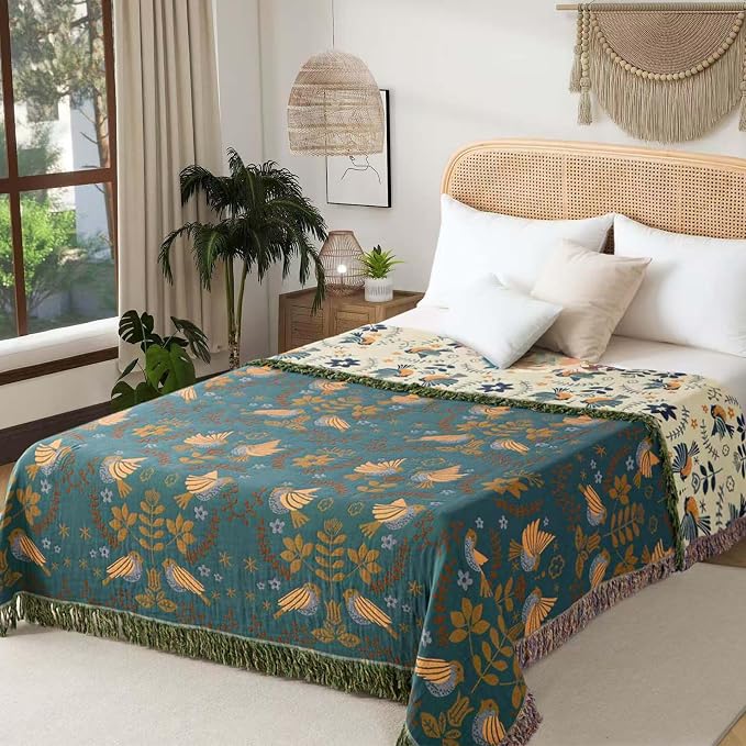 Phuryllic Boho Throw Blanket Throw Size, Soft Cozy Cotton Muslin Quilt Blanket for Bed Decor, Bird Patterned Couch Sofa Chair Cover, Vintage Farmhouse Cottage Tapestry Woven Blanket, Green&Beige