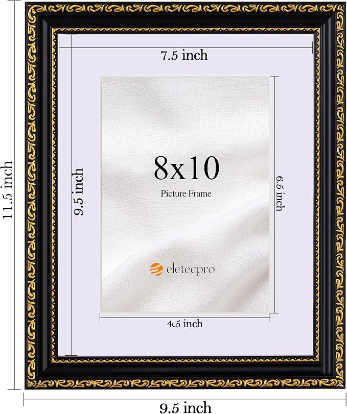 eletecpro 8x10 Vintage Picture Frame, Glass Cover, Black Gold, 2-Pack