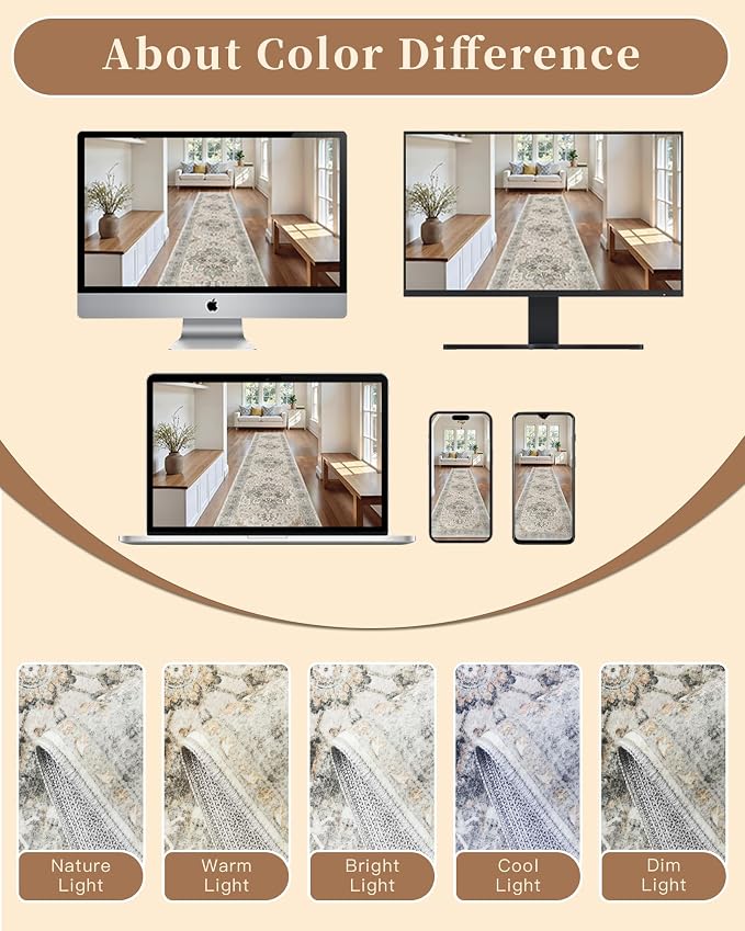 Madane Hallway Runner Rug 2x8 Washable Kitchen Rugs Soft, Light Taupe Brown | Vintage Machine Washable Low-Pile Floor Carpet 8ft, Non-Slip Thin Throw Entry Foyer Mat for Entrance Laundry Living Room