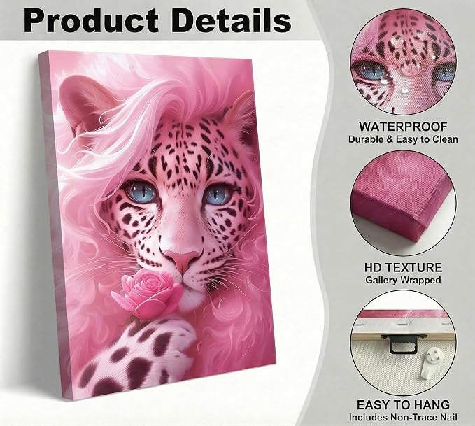 UNDBILSNI Whimsical Pink Mother Leopard Canvas Wall Art | Fashionable and Beautiful Female Leopard Holding Roses Wall Decor Picture for Girls Room Preppy Dorm Artwork Decoration