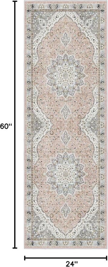 Madane Hallway Runner Rug 2x5 Washable Entry Rugs Non-Slip, Pink/Gray | Vintage Printed Low-Pile Kitchen Runners, Soft Low-Pile Stain-Resistant Throw Carpet for Bedroom Entrance Laundry Room 2'x5'