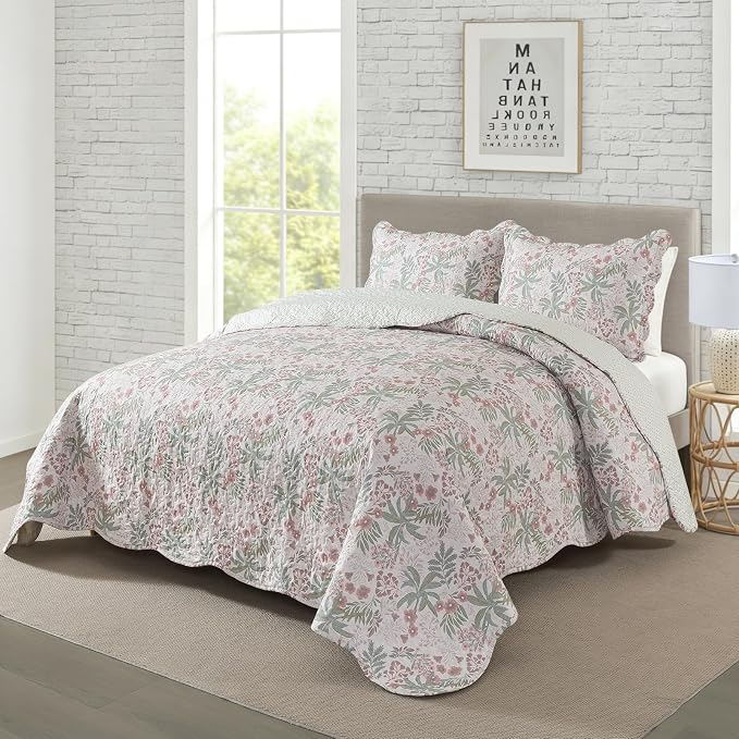 Travan Lightweight Coverlet Set 3-Piece Bedspread Quilt Set Garden Style Floral Printed Oversized Quilted Bedding Set with Shams for All Season, Exquisite, King Size